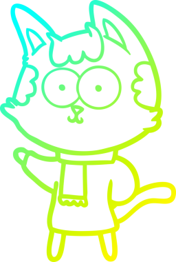 Bir insan tarafından çizilmiş kışlık giysiler içinde mutlu bir çizgi film kedisinin çizimi.