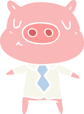 Düz renkli çizgi film içerikli domuz gömleği ve bir insan tarafından çizilmiş kravat.