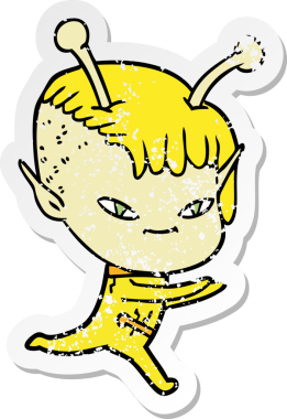 Bir insan tarafından çizilmiş sevimli uzaylı bir kızın sıkıntılı çıkartması.