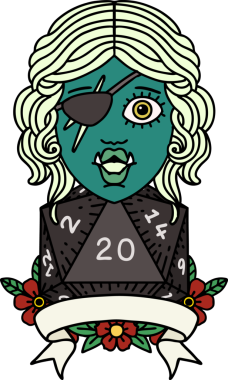 Retro Dövme Biçimi Bir insan tarafından çizilmiş 20 zarlı yarı ork düzenbaz karakter