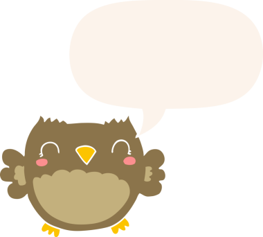 Bir insan tarafından çizilmiş konuşma baloncuğu olan sevimli çizgi film baykuşu.