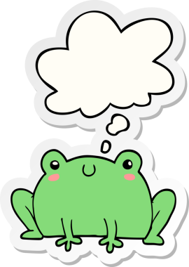 Düşünce baloncuğu insan tarafından çizilmiş bir çıkartma olan karikatür kurbağası.