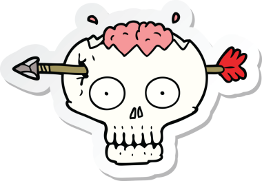 Bir insan tarafından çizilmiş, beynine ok saplanmış karikatür kafatası çıkartması.