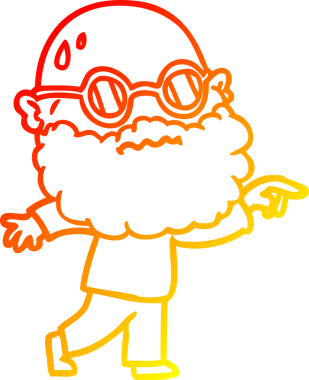 Sıcak çizgi film çizimleri sakallı ve gözlüklü endişeli bir adamın bir insan tarafından çizildiğini gösteriyor.