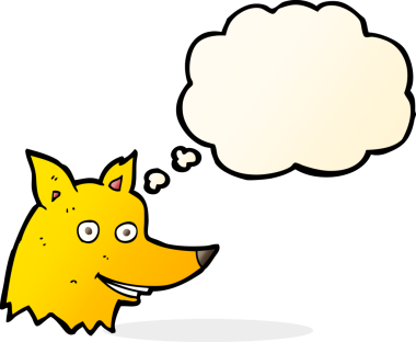 Bir insan tarafından çizilmiş düşünce balonlu tilki kafası.