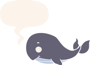 Konuşma baloncuğu olan çizgi film balinası insan tarafından çizilmiş.