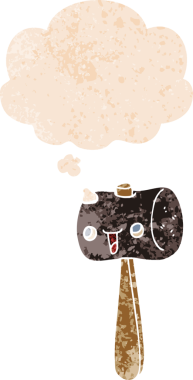 Düşünce baloncuklu çizgi film tokmağı grunge sıkıntılı retro desen bir insan tarafından çizilmiş