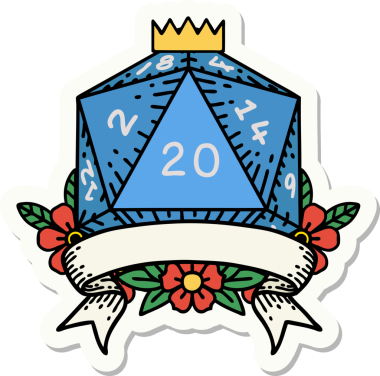 Bir insan tarafından çizilmiş 20 kritik vuruşluk D20 zar etiketi.