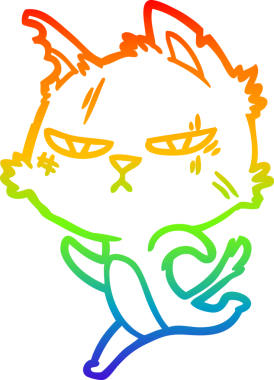 Bir insan tarafından çizilmiş sert bir çizgi film kedisinin gökkuşağı gradyanı çizimi