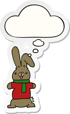 Düşünce baloncuklu çizgi film tavşanı insan tarafından çizilmiş bir çıkartma.