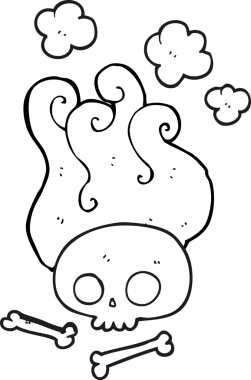 Bir insan tarafından çizilmiş siyah beyaz kafatası ve kemikler.