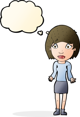 Bir insan tarafından çizilmiş düşünce baloncuğuyla omuz silken çizgi film kadını.