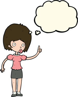 Bir insan tarafından çizilmiş düşünce baloncuğu fikri olan karikatür kadın.