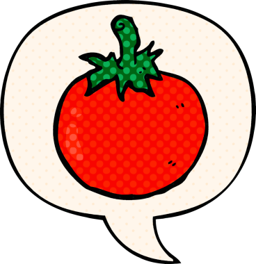 Bir insan tarafından çizilmiş çizgi roman tarzında konuşma baloncuklu domates.