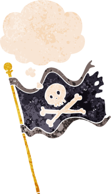 Düşünce baloncuklu karikatür korsan bayrağı grunge sıkıntılı eski moda bir insan tarafından çizilmiş