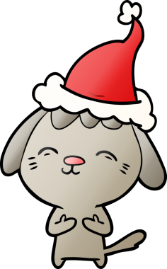 Mutlu el çizimi, bir insan tarafından çizilmiş Noel Baba şapkası takan bir köpeğin çizgi filmi.