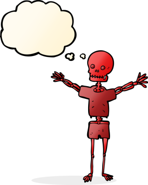 Bir insan tarafından çizilmiş düşünce baloncuklu giysiler içinde bir iskelet.