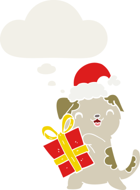 Noel hediyesi olan sevimli bir çizgi film köpeği ve bir insan tarafından çizilmiş düşünce baloncuklu bir şapka.