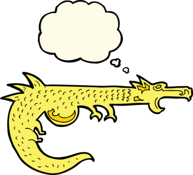 Bir insan tarafından çizilmiş düşünce baloncuklu ortaçağ ejderhası.