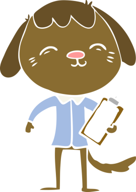 Bir insan tarafından çizilmiş mutlu düz renkli çizgi film ofis çalışanı köpeği.