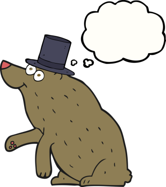 Bir insan tarafından çizilmiş serbest çizim balon çizgi film ayısı silindir şapkalı.