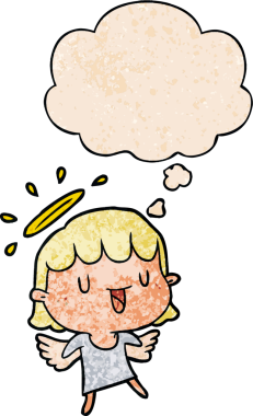 Bir insan tarafından çizilmiş grunge desenli düşünce baloncuğu olan çizgi film meleği.