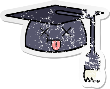 Bir insan tarafından çizilmiş şirin bir çizgi film mezuniyet şapkasının sıkıntılı çıkartması.