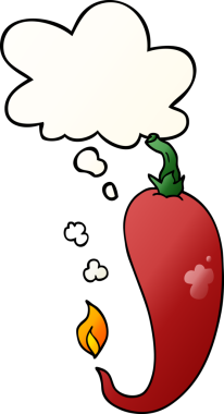 Düşünce baloncuğu olan kırmızı biber çizgi filmi bir insan tarafından çizilmiş.