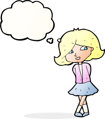 Bir insan tarafından çizilmiş düşünce balonlu mutlu kız çizgi filmi.