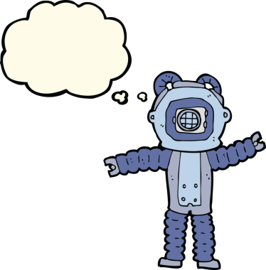 Bir insan tarafından çizilmiş düşünce balonlu derin deniz dalgıcı.