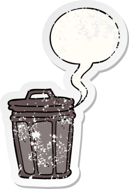 Konuşma baloncuğu olan çizgi film çöp kutusu bir insan tarafından çizilmiş sıkıntılı eski bir çıkartma