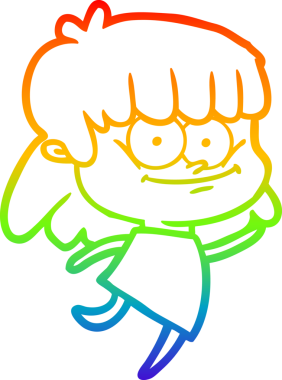 Gökkuşağı gradyan çizimi bir insan tarafından çizilmiş gülümseyen bir çizgi kız çizimi