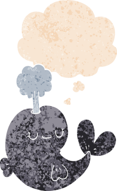 Düşünce baloncuğu içinde homurdanan sevimli çizgi film balinası bir insan tarafından çizilmiş dertli retro dokuma tarzı