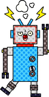 Bir insan tarafından çizilmiş bozuk bir robotun çizgi romanı.