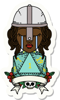 Ağlayan bir insan dövüşçüsünün çıkartması. Bir insan tarafından çizilmiş doğal bir D20 zarı var.