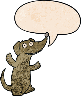 Konuşma baloncuğu olan çizgi film köpeği insan tarafından çizilmiş eski moda dokular.