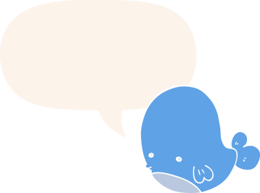 Konuşma baloncuğu olan çizgi film balinası insan tarafından çizilmiş.