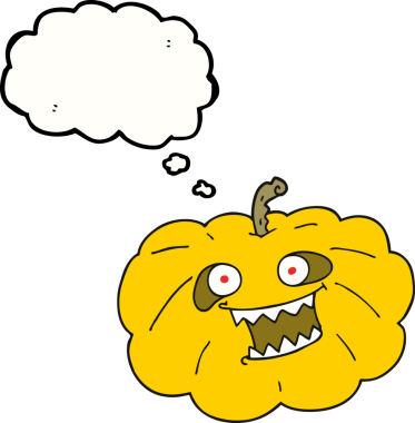 Serbest çizim düşünce baloncuğu karikatürü Cadılar Bayramı balkabağı bir insan tarafından çizildi