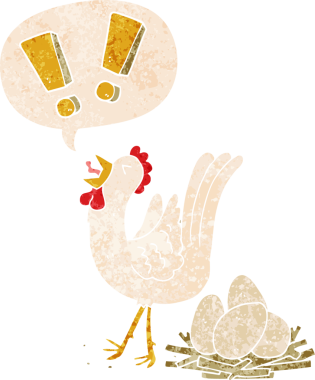 Çizgi film tavuğu yumurtluyor ve grunge 'da konuşma baloncuğu var. Bir insan tarafından çizilmiş derili eski tarz.