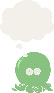 Düşünce baloncuğu olan ahtapot çizgi filmi insan tarafından çizilmiş.