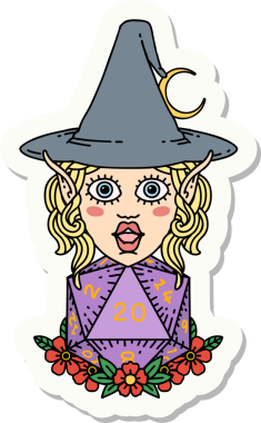 Bir insan tarafından çizilmiş doğal yirmi zarlı elf büyücü karakterinin çıkartması.