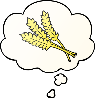 Düşünce baloncuğu olan karikatür buğdayı bir insan tarafından çizilmiş.