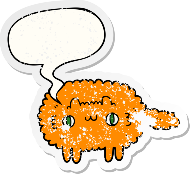 Konuşma baloncuğu olan çizgi film kedisi bir insan tarafından çizilmiş sıkıntılı eski bir çıkartma