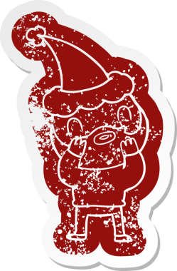 Bir insan tarafından çizilmiş Noel Baba şapkası giyen sakallı bir adamın garip bir karikatürü.