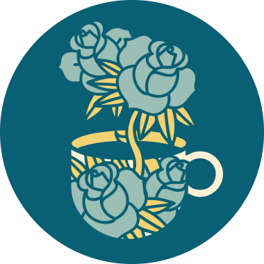 Bir fincan ve bir insan tarafından çizilmiş çiçeklerin ikonik dövme şekli