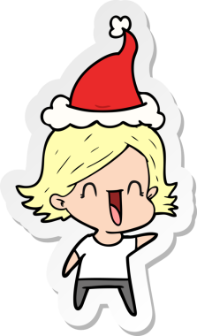 Bir insan tarafından çizilmiş Noel Baba şapkası giyen mutlu bir kadının el yazısı.