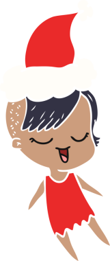 Mutlu el çizimi düz renk çizimi Noel Baba şapkası giyen bir kız bir insan tarafından çizilmiş.