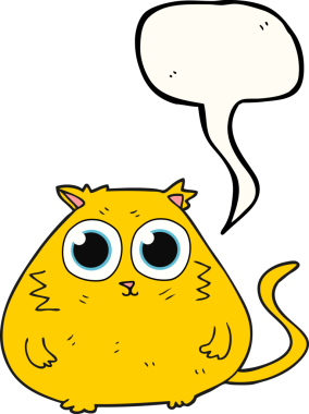 Bir insan tarafından çizilmiş büyük güzel gözleri olan serbest konuşma balonu çizgi film kedisi.