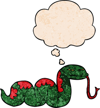 Bir insan tarafından çizilmiş grunge desenli düşünce baloncuklu sürüngen yılan.