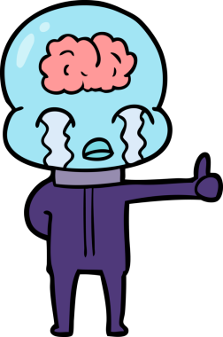 Karikatür büyük beyin uzaylıları ağlıyor ama bir insan tarafından çizilmiş baş parmak işareti veriyor.